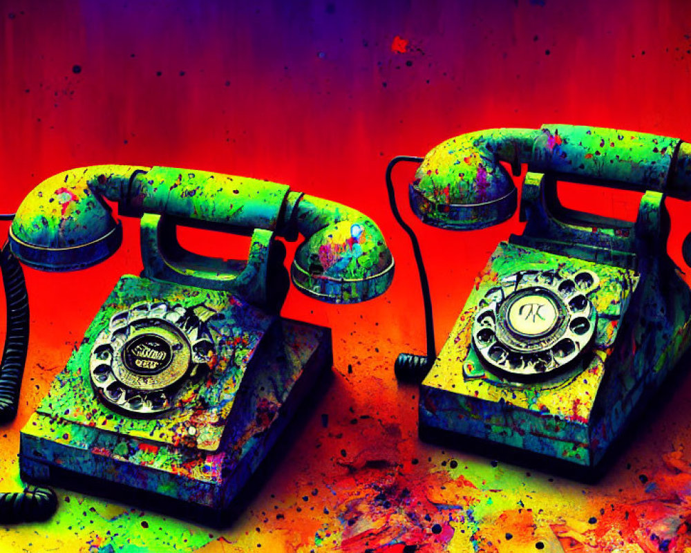 Colorful Retro Rotary Telephones on Paint Splattered Background