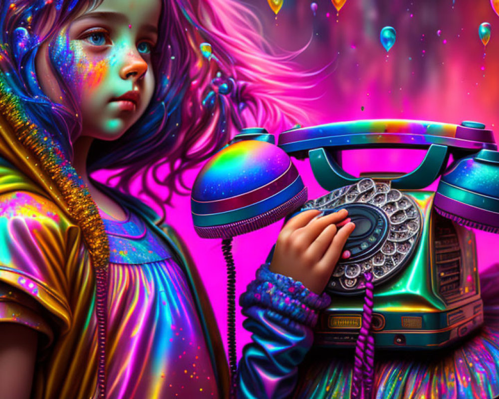 Colorful digital artwork: Young girl with vibrant hair and old-fashioned telephone in neon setting.
