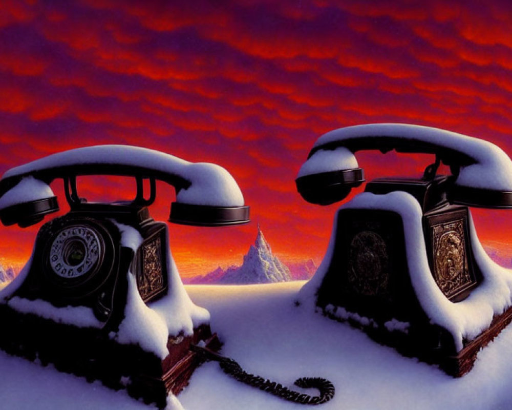 Vintage Rotary Telephones in Snow with Mountain Peaks and Red Cloudy Sky