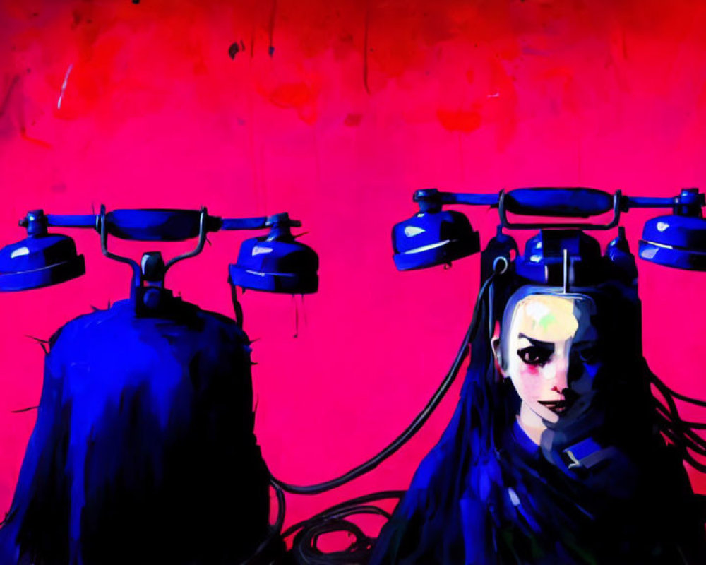 Stylized figures with dark hair connected to old-style telephones on red background