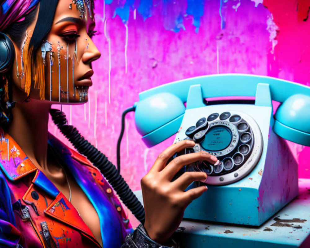 Vibrant portrait with futuristic makeup and headphones on colorful background