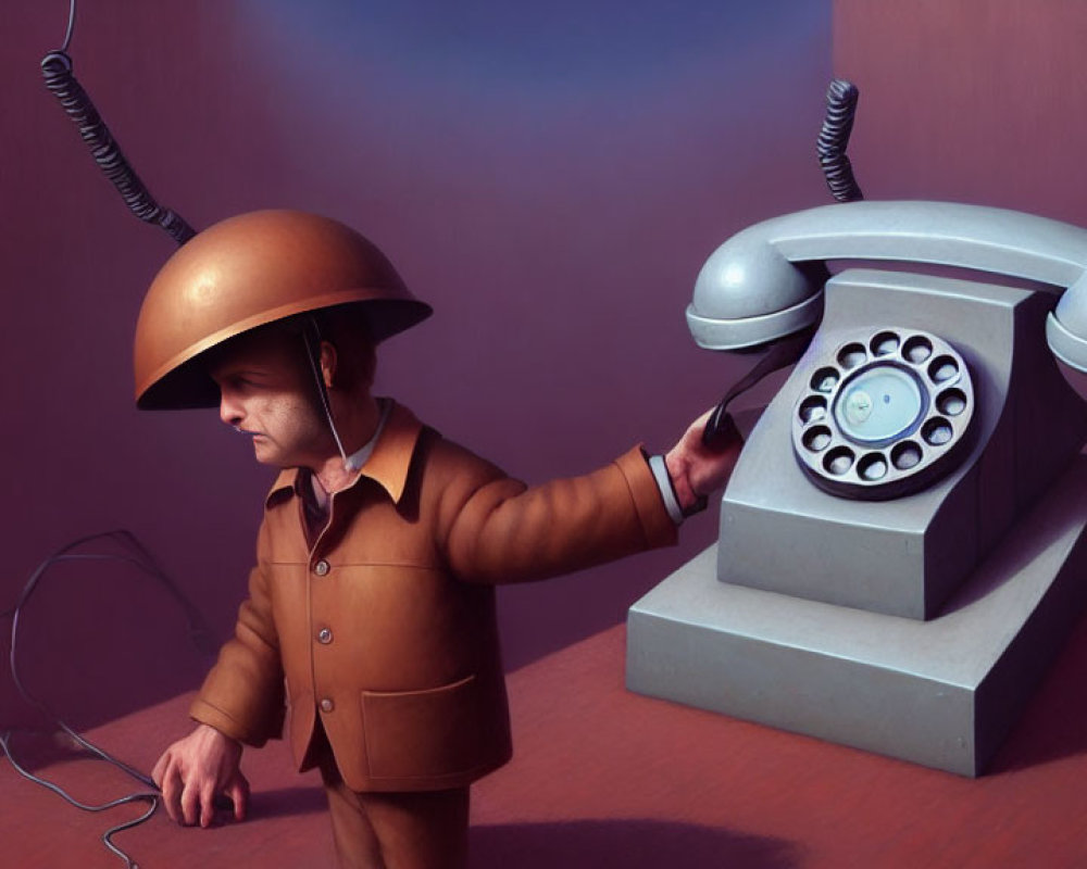 Vintage Outfit Person with Helmet Using Rotary Phone in Surreal Setting
