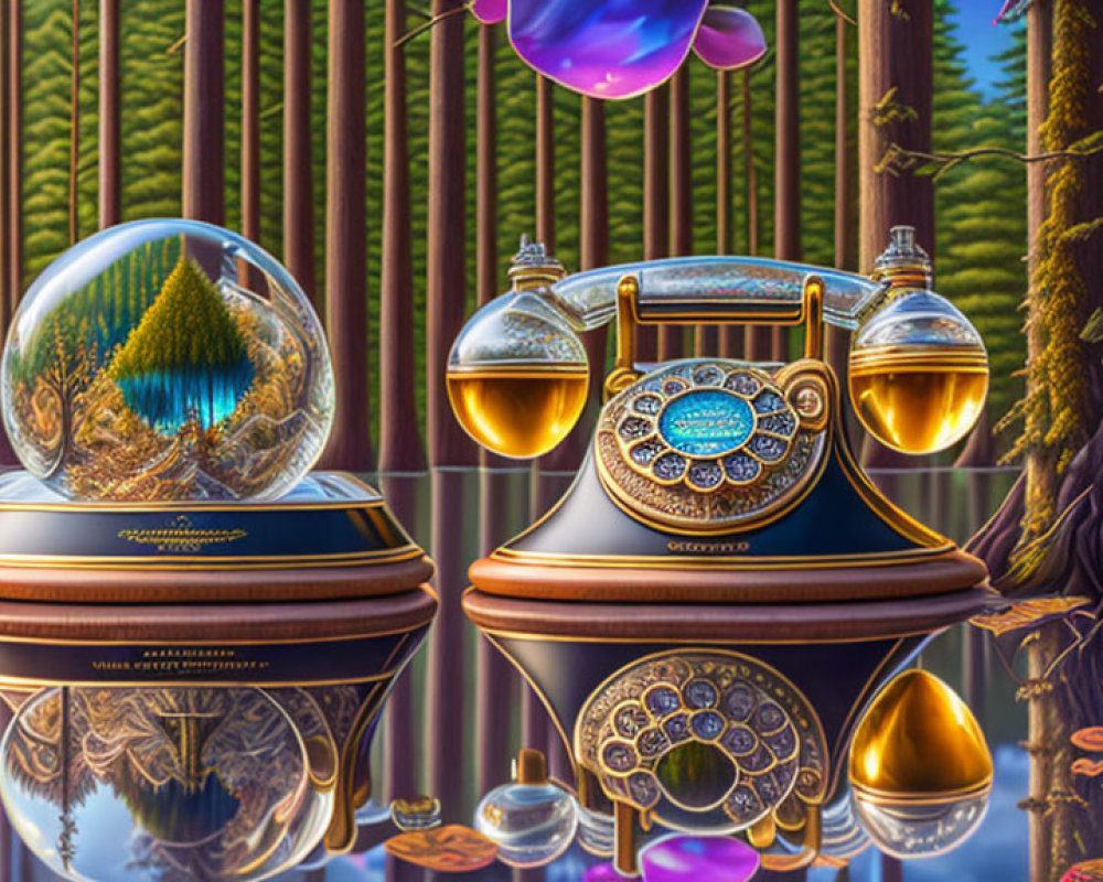 Surreal image of vintage telephone, snow globes, bamboo forest, reflective surfaces, and metallic