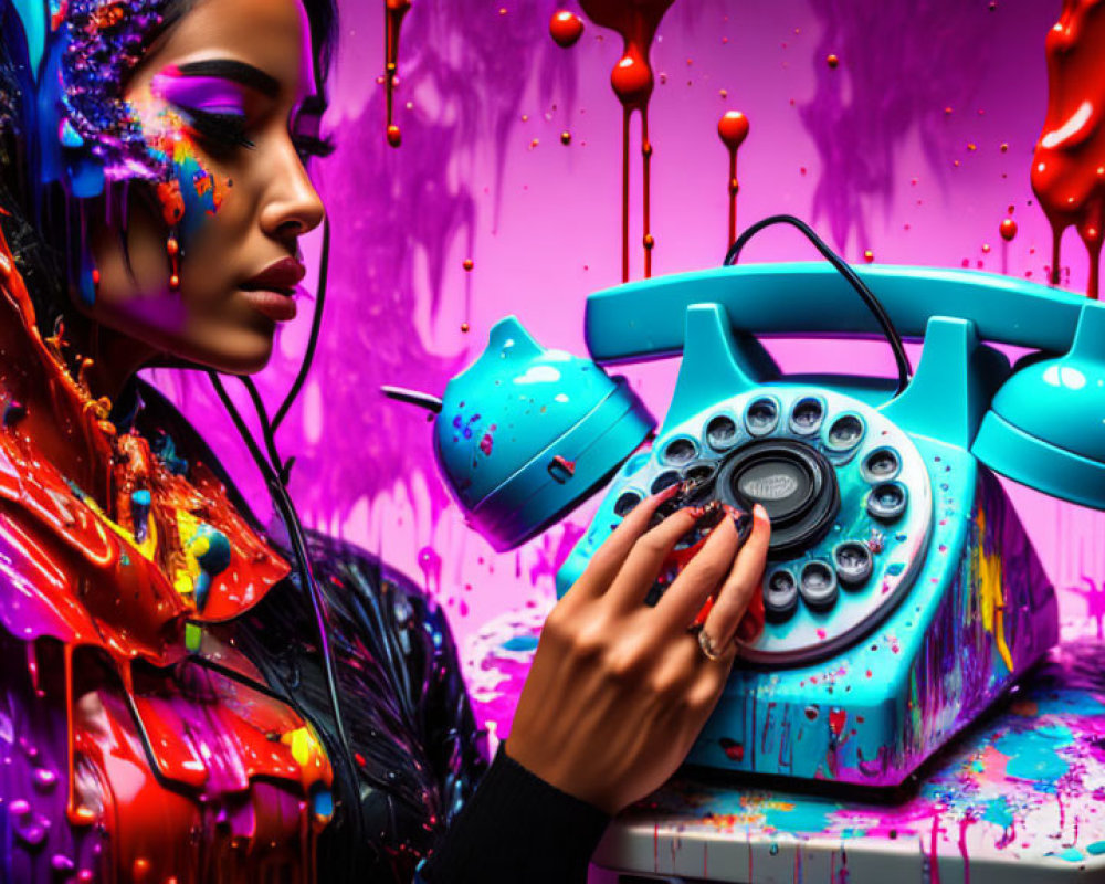 Colorful painting of woman with retro telephone on purple background