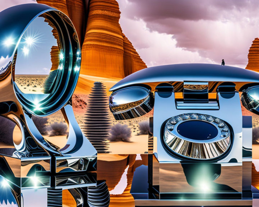 Surreal landscape with metallic structures, reflective spheres, water, and desert formations
