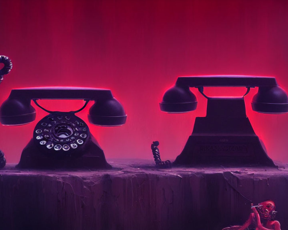 Vintage telephones connected by lifted handset in red-lit scene with miniature figure.