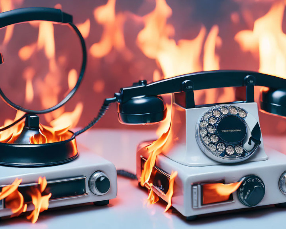 Vintage telephones engulfed in flames on a fiery desk.