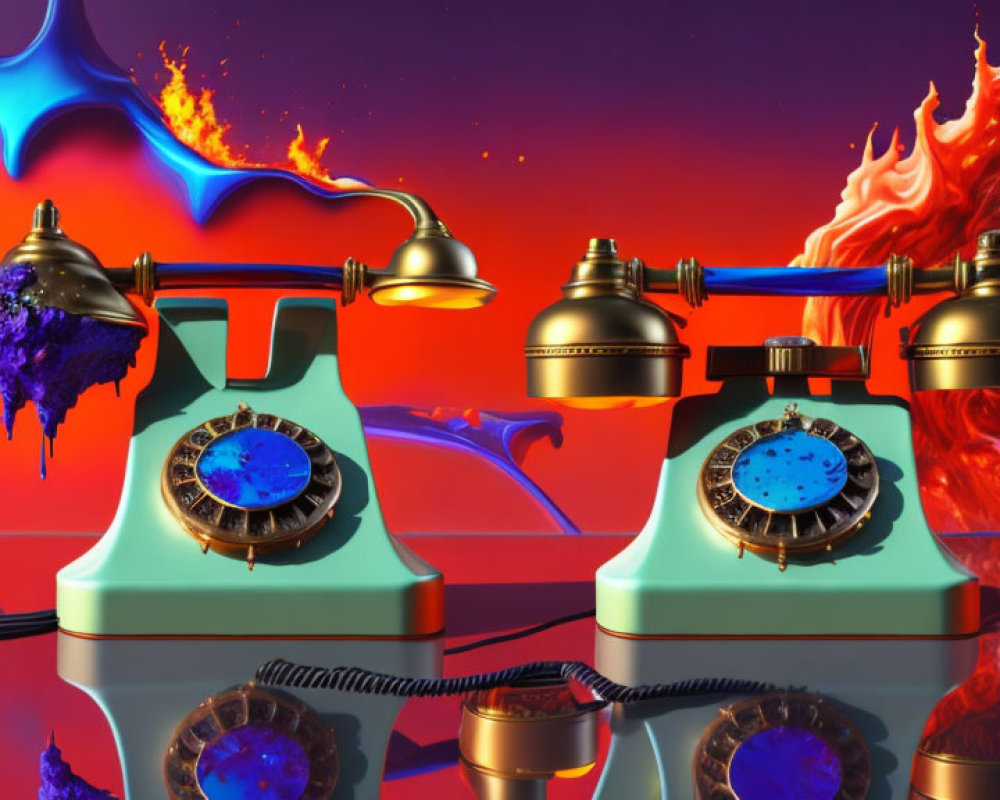 Vintage Rotary Telephones with Surreal Elements on Dramatic Background
