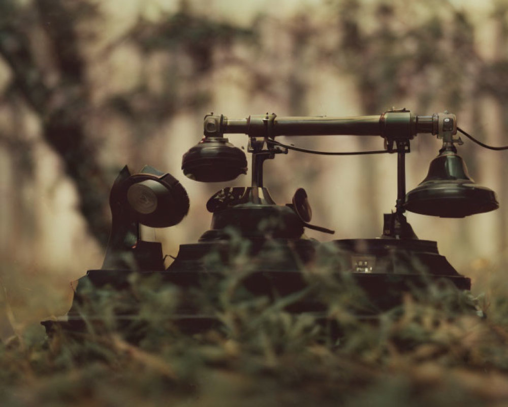 Vintage rotary dial telephone in grass setting symbolizes a bygone era