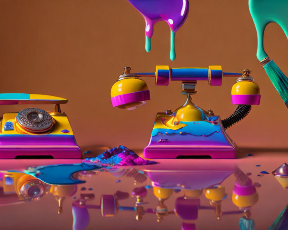Vibrant retro telephones melting in surreal style