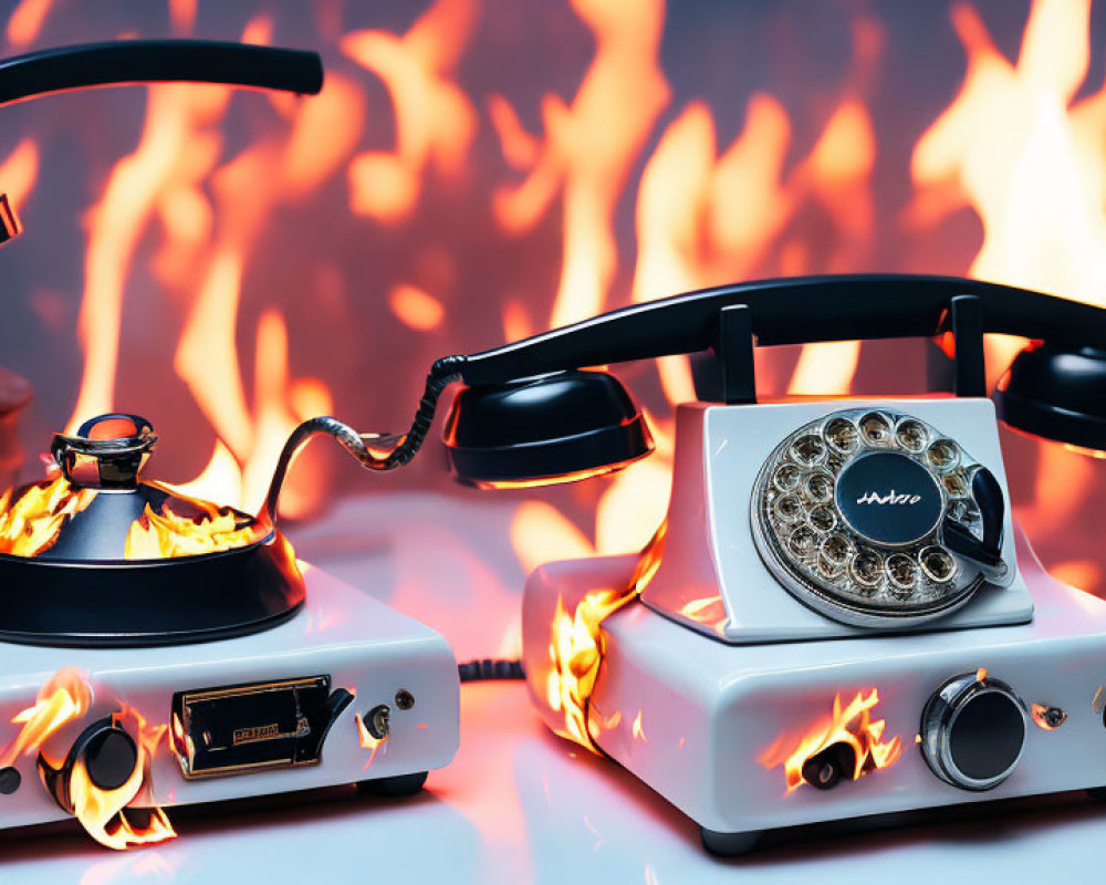 Vintage Telephones Repurposed as Kitchen Appliances with Flames on Cooking Counter