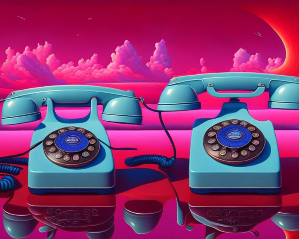 Vintage Blue Rotary Phones Connected in Surreal Landscape