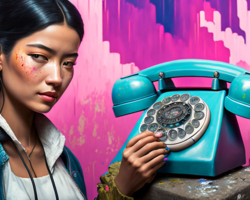 Braided Woman with Vintage Turquoise Phone on Graffiti Background