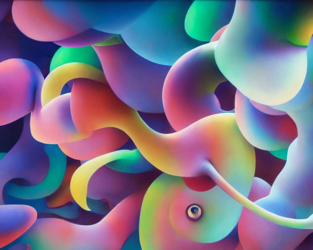 Colorful Abstract Painting with Swirling Forms and Eye Detail