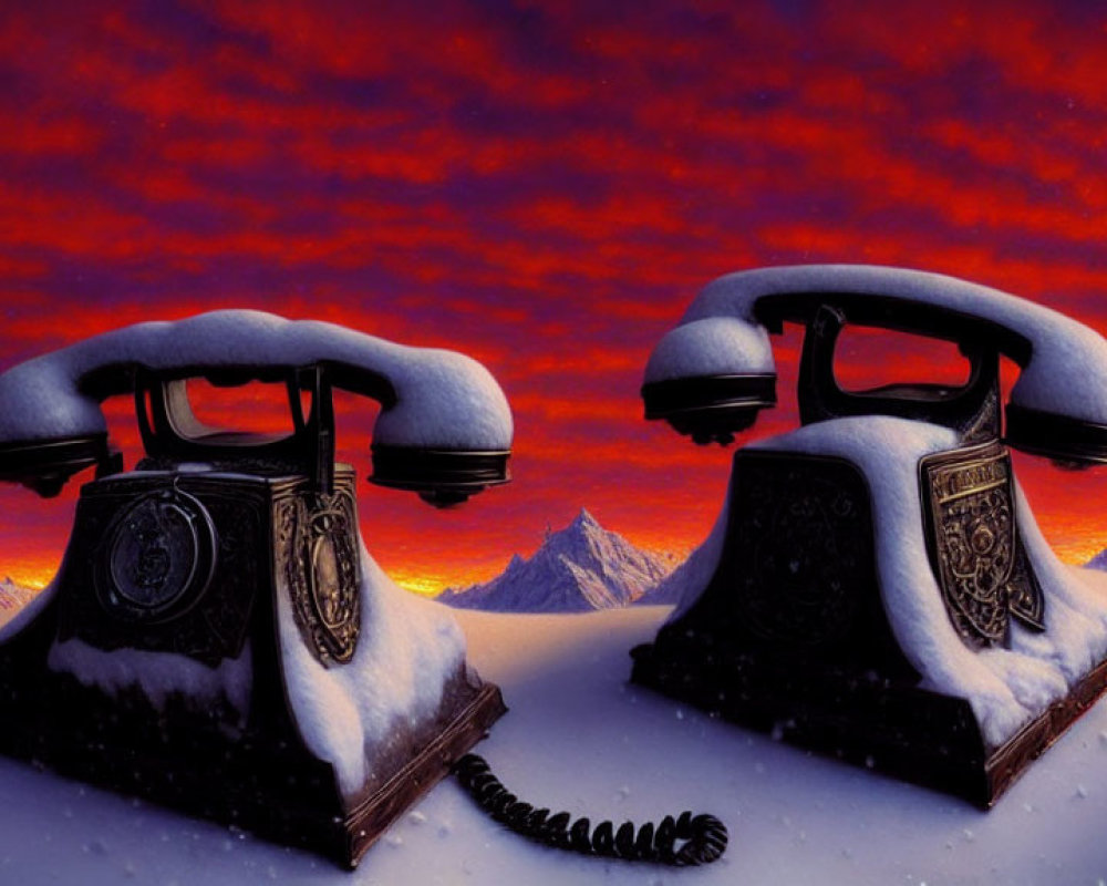 Vintage telephones in snow with mountains and red sky