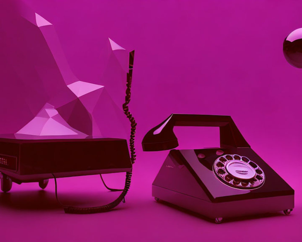 Vintage rotary phone and brick cell phone on purple backdrop with geometric sculpture and reflective sphere.