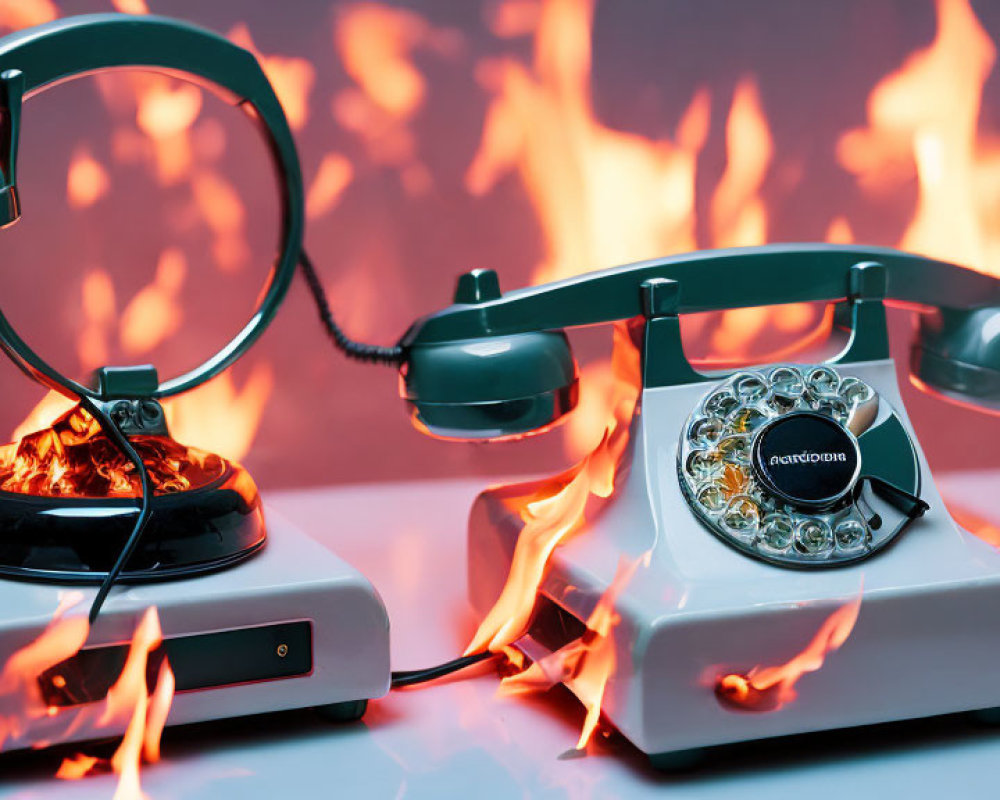 Vintage rotary phone engulfed in flames on reflective surface