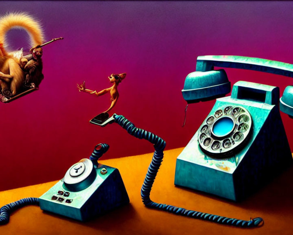 Whimsical painting featuring anthropomorphic animals and vintage telephones on purple background