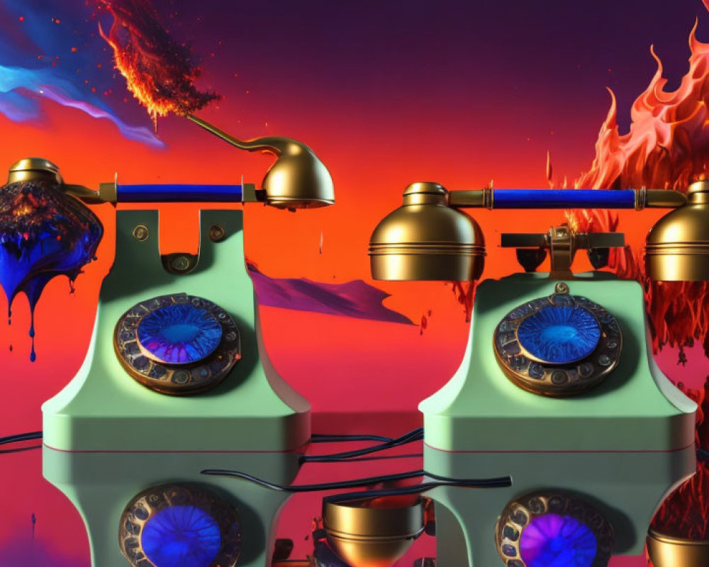 Surreal vintage telephones with eyes on colorful fiery backdrop