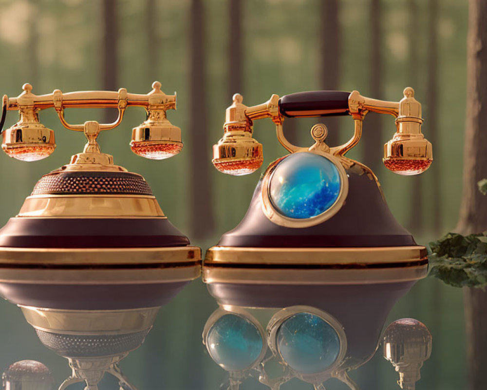 Vintage telephones with blue orb in forest setting