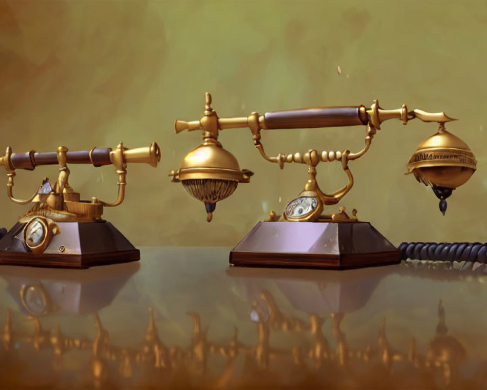 Brass Steampunk-style Telephones on Amber Textured Background