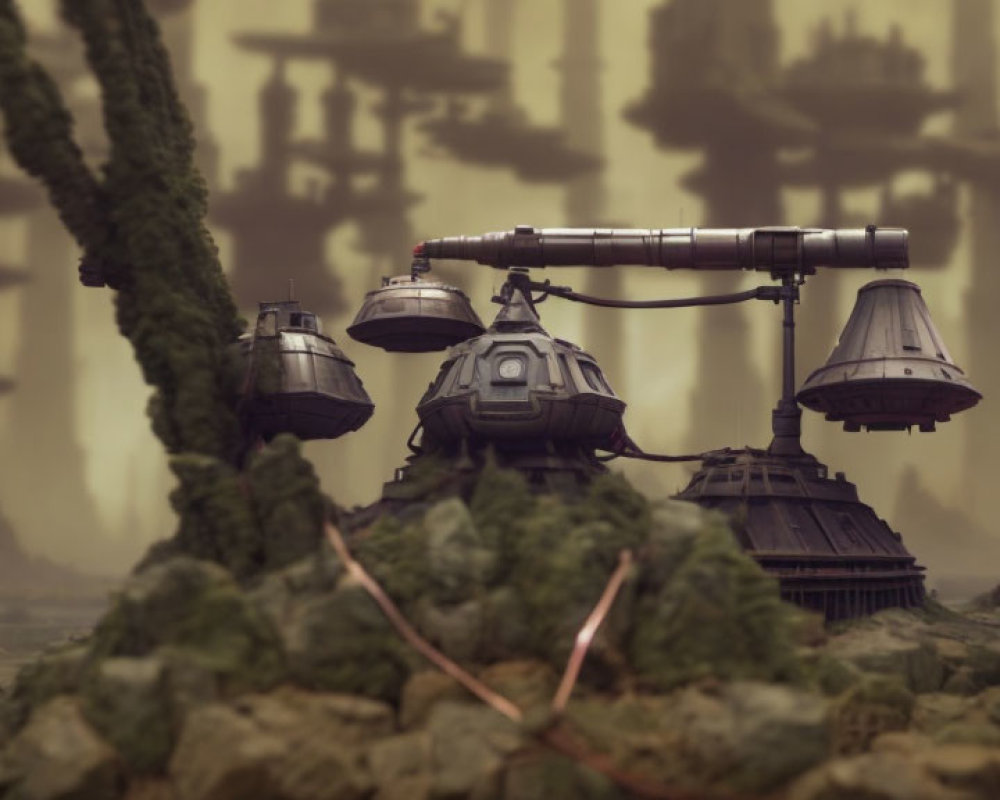 Futuristic sci-fi scene with three connected buildings in a hazy landscape
