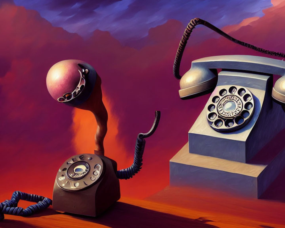 Surreal artwork of vintage phones in colorful conversation