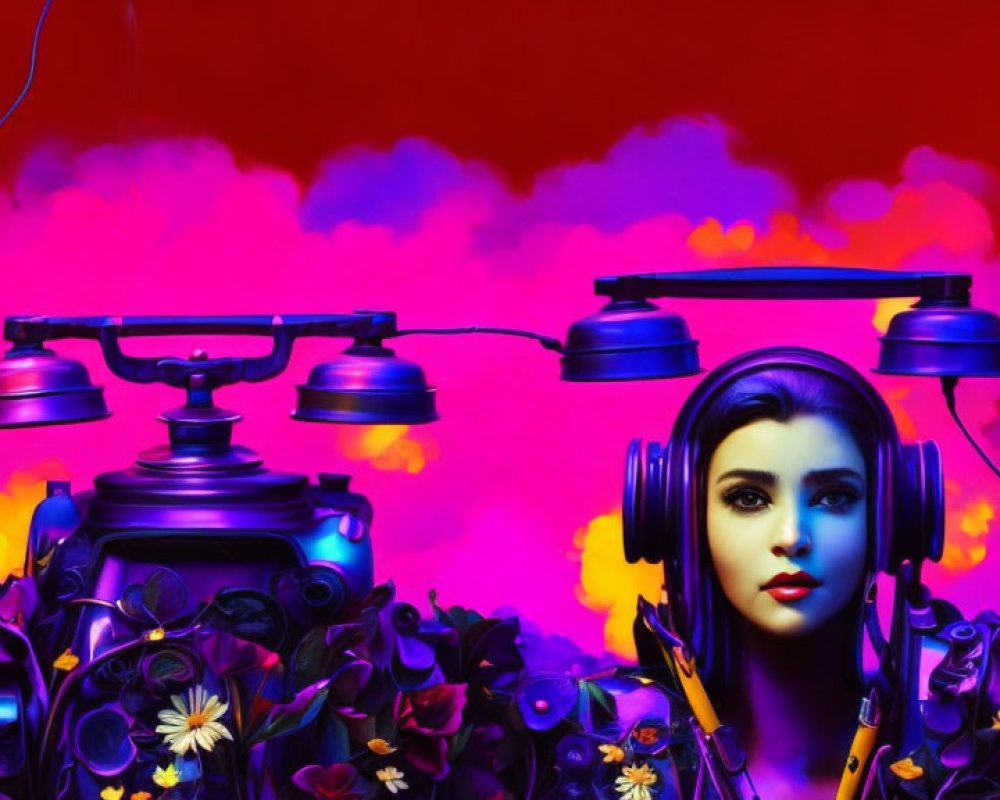 Surreal image of woman with headphones in vibrant setting