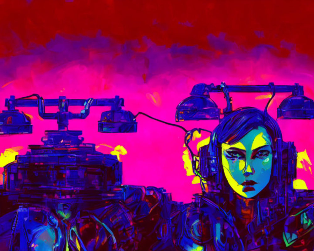 Cyberpunk illustration of female character with headphones and robotic assembly in neon environment