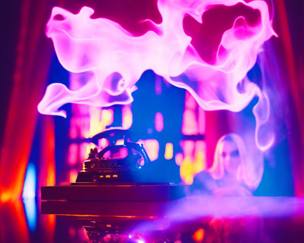 Colorful DJ booth with vibrant smoke patterns and blurred figure in background
