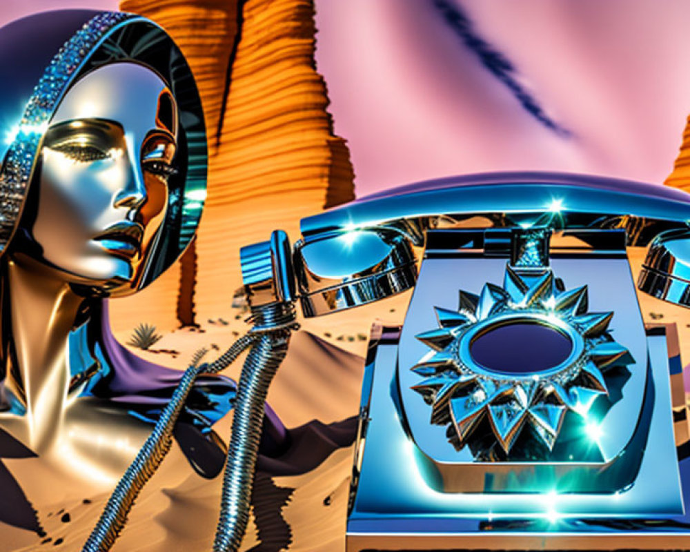 Surreal illustration of metallic woman's face with vintage telephone in desert