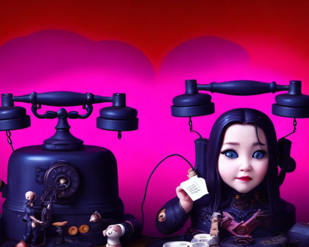 Animated girl with big eyes and black hair next to vintage telephone in whimsical setting on red backdrop.