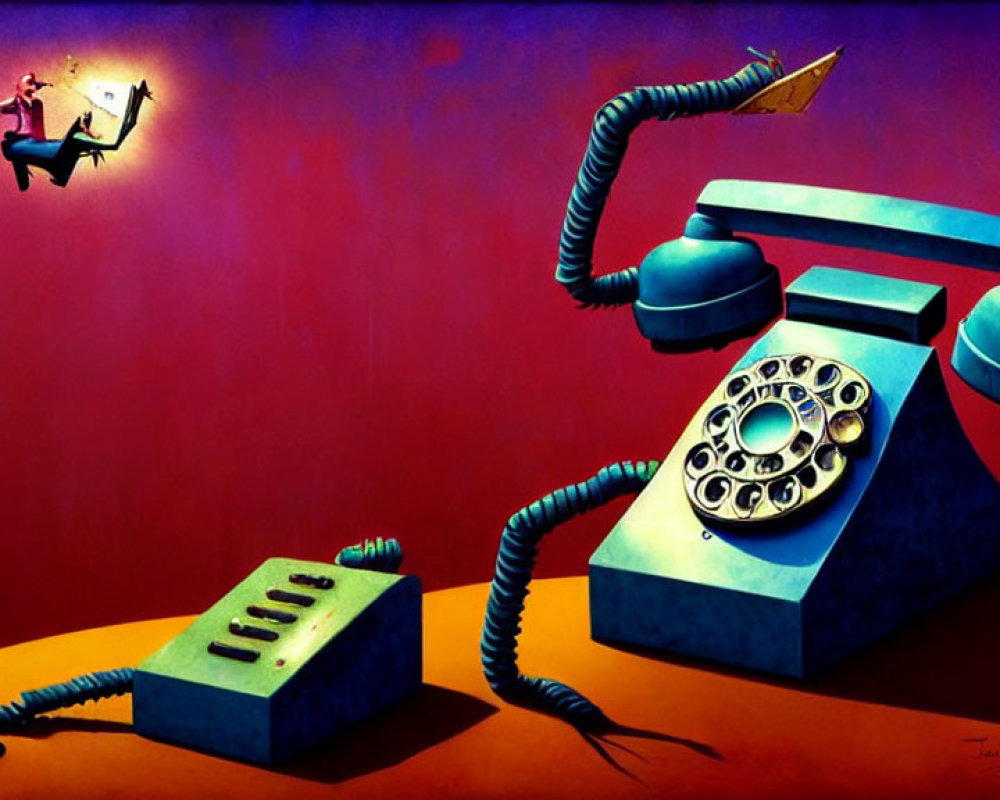 Surreal artwork: Vintage blue telephone, floating receiver, figure ejected through wall explosion