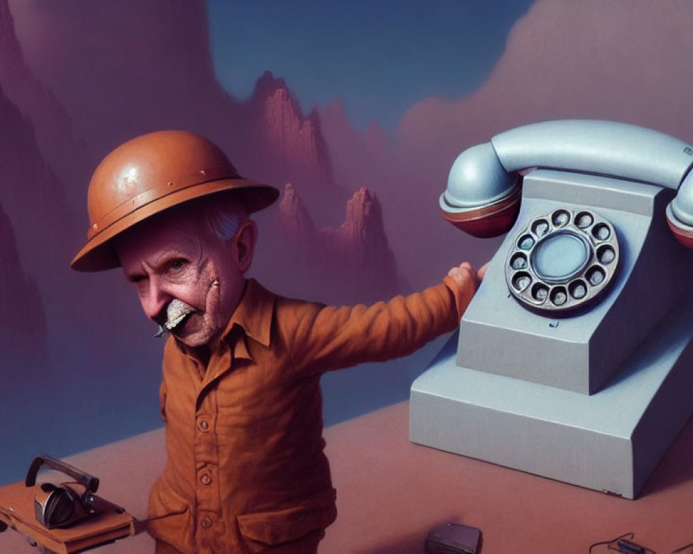 Elderly Man in Uniform with Vintage Telephone and Desert Mountains
