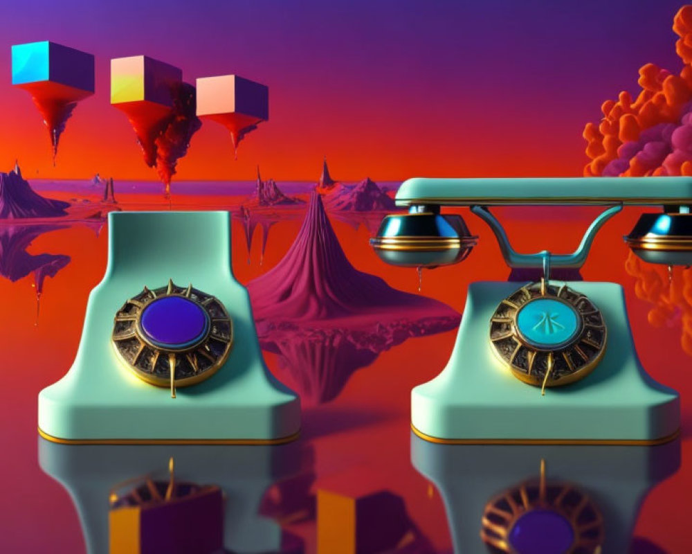 Vintage Teal Telephone in Surreal Sunset Landscape with Floating Cubes and Coral