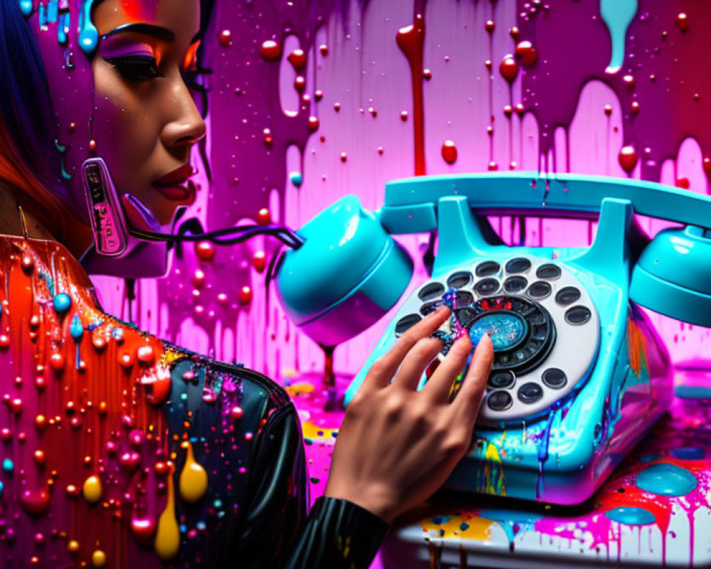 Woman dialing retro telephone in vibrant, paint-dripped setting