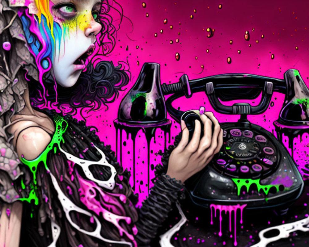 Colorful Surreal Illustration: Tearful Figure with Melting Vintage Telephone