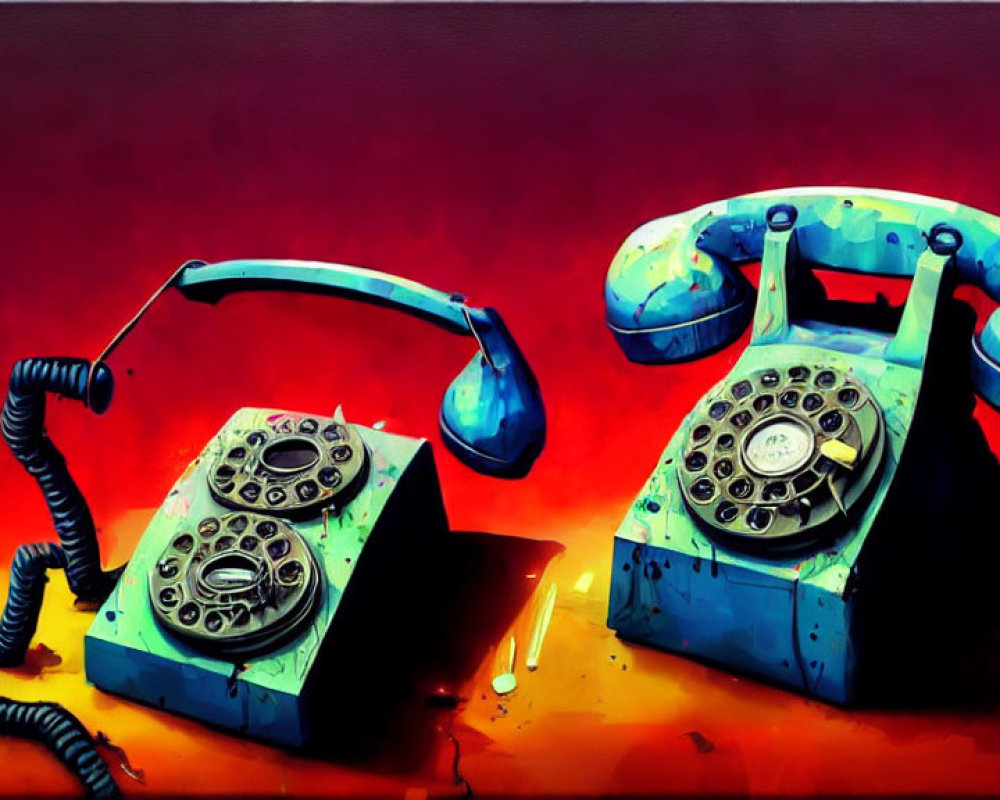 Vintage rotary dial telephones with lifted receivers on red background, altered with vibrant blue tones