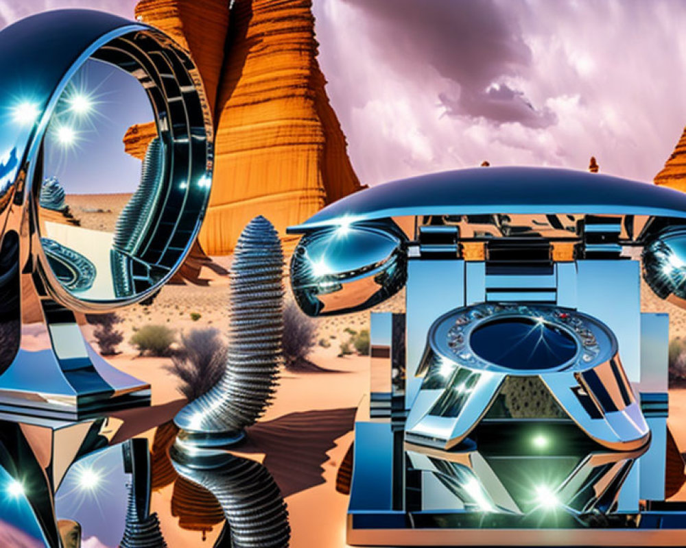Futuristic metallic sculptures in surreal desert landscape