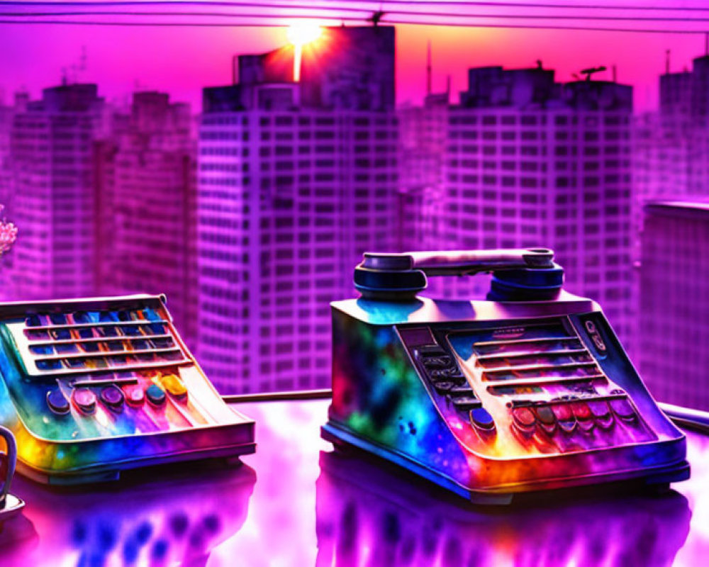 Colorful Vintage Telephone and Calculator on Desk with Cityscape Sunset Background