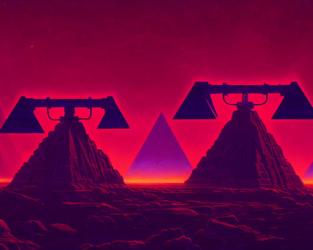 Vibrant red and purple surreal landscape with pyramid structures and comet.