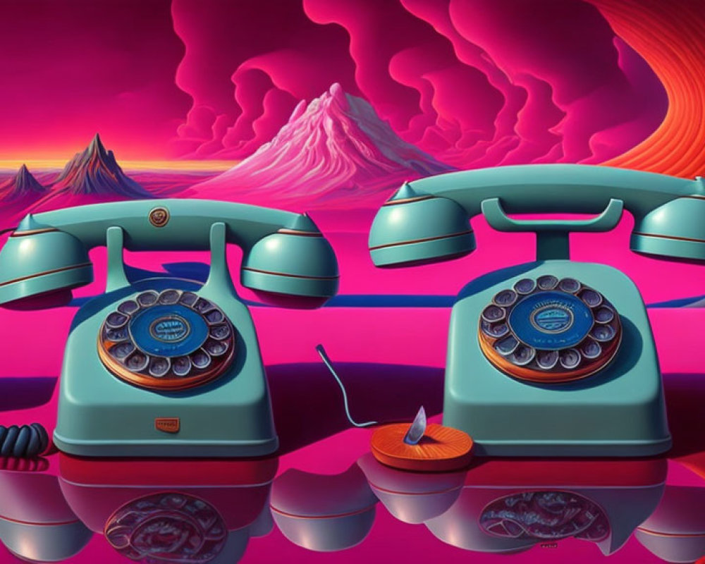 Vintage rotary dial telephones on reflective surface in surreal pink landscape