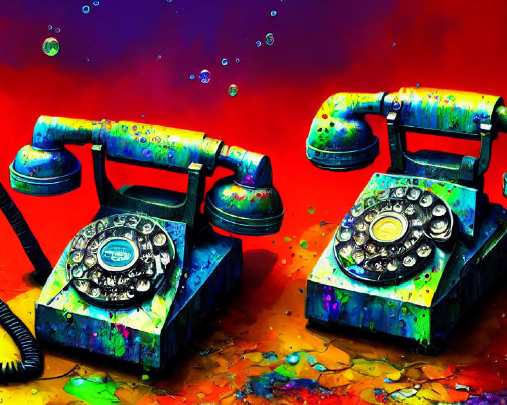 Colorful Vintage Rotary Phones with Paint Splatters on Red Background