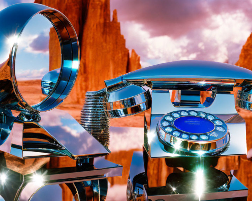 Futuristic chrome rotary dial phone in desert landscape