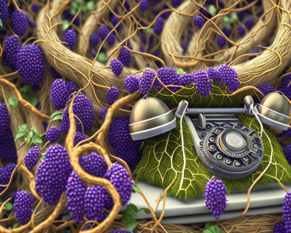 Vintage Phone Covered in Grapevines and Leaves: Nature Reclaiming Technology