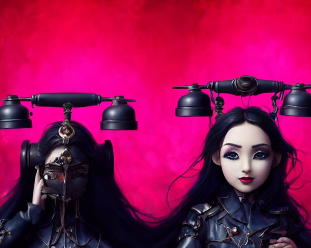 Gothic dolls in dark outfits with mechanical headpieces on pink background