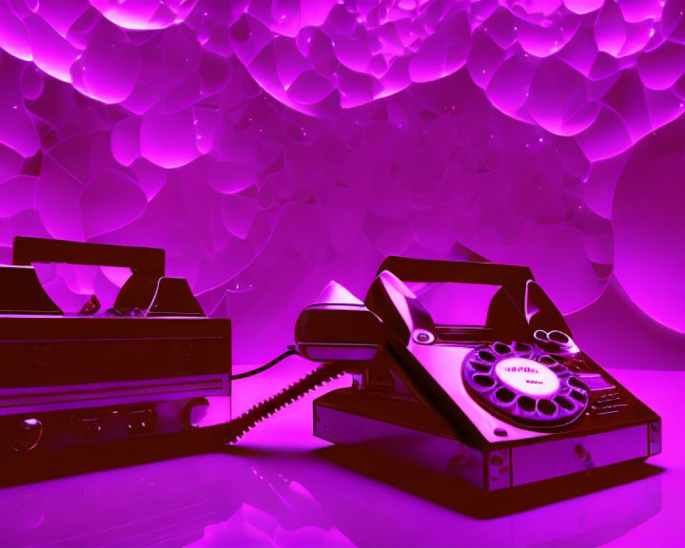 Vintage rotary phone and tape deck in purple light with glowing orbs backdrop