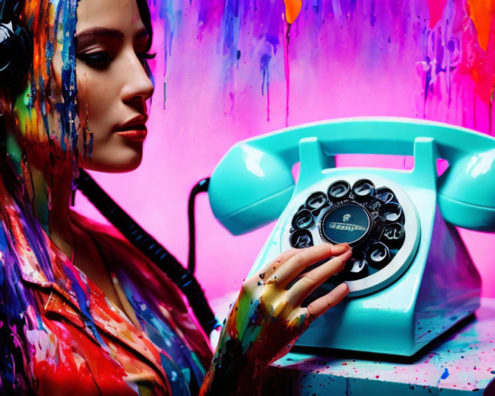 Colorful Woman Dialing Retro Rotary Phone with Paint Splatters