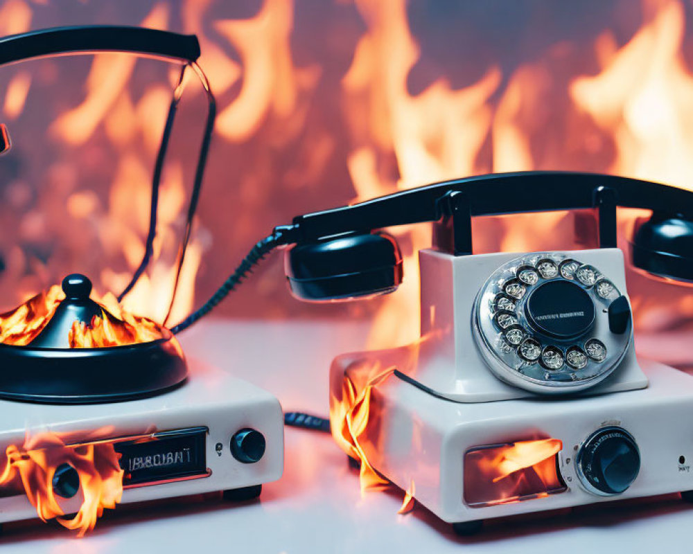 Vintage rotary phones with fiery background: surreal communication imagery