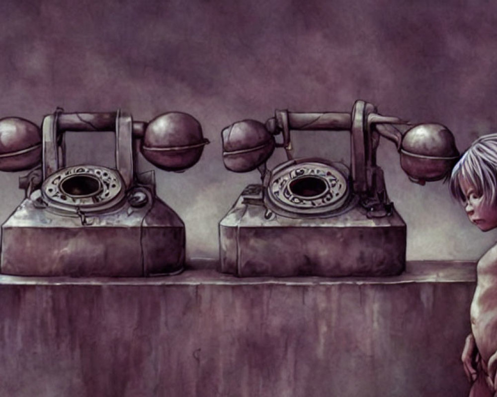 Illustration of two old rotary phones and a sad child.